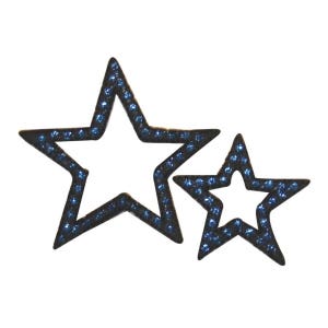 May include: Two blue glitter stars with black outlines. The larger star is behind the smaller star.