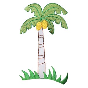 May include: Embroidered green palm tree with a brown trunk and two yellow coconuts. The palm tree is surrounded by green grass.