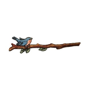 May include: An embroidered iron-on patch of a blue bird perched on a brown branch with green leaves.