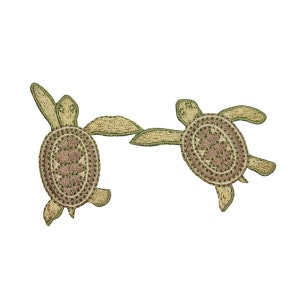 May include: Two embroidered sea turtle patches in shades of green and brown. The turtles are facing opposite directions and have a detailed design.