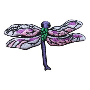 May include: Purple and pink embroidered dragonfly with green accents.