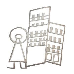 May include: A black and white line drawing of a person standing next to a tall building. The person has a halo above their head and is wearing a long robe. The building has many windows.