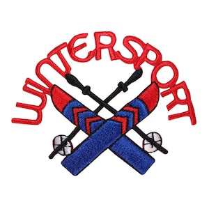 May include: Red and blue embroidered patch with the word "WINTERSPORT" in red lettering and a pair of crossed skis with black poles.