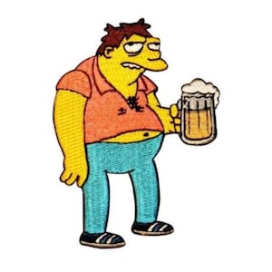May include: An embroidered iron-on patch featuring a cartoon character holding a beer mug. The character is yellow with brown hair, wearing a red shirt and blue jeans.