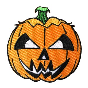 May include: A black and orange embroidered patch of a jack-o'-lantern with a wide, toothy grin.