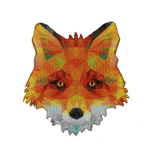 May include: A colorful fox face patch with a geometric pattern. The fox's fur is orange, yellow, and green. The patch is made of fabric and has a fuzzy texture.
