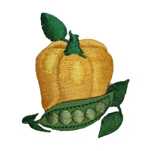 May include: Embroidered patch of a yellow pumpkin with green leaves and a pea pod with five peas.