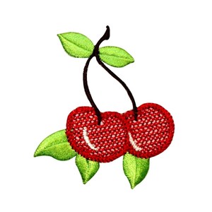May include: Two red cherries with green stems and leaves. The cherries are embroidered and have a textured appearance.