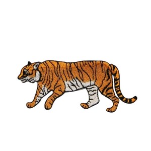 May include: An embroidered iron-on patch of an orange and black tiger walking to the right.