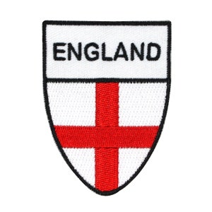 May include: An embroidered patch featuring the English flag, a red cross on a white background, with the word "ENGLAND" in black lettering.