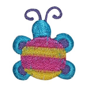 May include: A colorful embroidered iron-on patch featuring a cartoon ladybug with purple antennae, a blue body, pink and yellow stripes, and purple and blue accents.