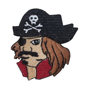 May include: Embroidered patch of a cartoon pirate with a black hat, brown hair, and a red and white shirt. The hat has a skull and crossbones design.