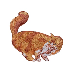 May include: Embroidered iron-on patch of a ginger cat with white fur on its chest and face. The cat is looking to the left with blue eyes.