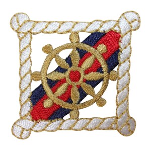 May include: Embroidered patch with a gold nautical wheel design on a red, white, and blue background. The patch is surrounded by a white rope border.