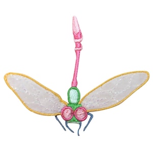 Peut inclure: Une libellule rose et verte avec des ailes blanches et une bordure dorée. La libellule est brodée et a une finition scintillante.