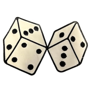 May include: Two ivory-colored dice with black dots, each outlined in black. One die shows five dots, the other shows three dots. The dice are positioned side-by-side against a white background.
