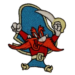 May include: A red and orange cartoon coyote wearing a blue hat and holding a sword. The coyote is running and has a mischievous expression on its face.