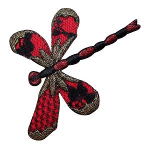 May include: Red and black dragonfly with gold accents, embroidered fabric patch.