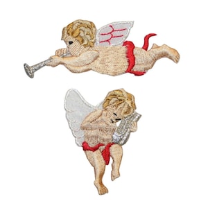 May include: Two embroidered iron-on patches of cherubs. One cherub is playing a trumpet and the other is playing a lyre. Both cherubs are wearing red sashes.