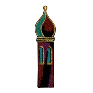 May include: An embroidered patch of a colorful tower with a gold trim. The tower is red, purple, teal, and gold.