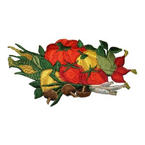 May include: Embroidered patch featuring a colorful assortment of vegetables, including tomatoes, peppers, and corn. The patch is perfect for adding a touch of whimsy to clothing, bags, or other accessories.
