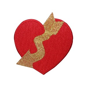 May include: Embroidered patch featuring a red heart bisected by a gold arrow. The heart is a solid, vibrant red, and the arrow is a textured gold color. The patch is likely designed to be ironed or sewn onto fabric.