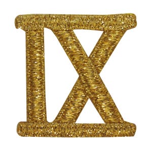 May include: Gold embroidered Roman numeral 'IX' patch. The patch is made of a shiny, textured fabric.