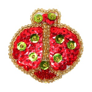 Peut inclure: Une applique de coccinelle en sequins rouges et verts avec des perles dorées sur les bords.