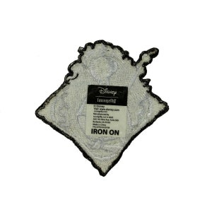 May include: A white iron-on patch featuring a black and white illustration of a Disney character. The patch has the text "Disney loungefly" and "IRON ON" on it.