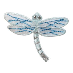 May include: A light blue dragonfly applique with white wings and blue stitching. The dragonfly's body is light blue with silver accents. This decorative applique is suitable for clothing, accessories, or craft projects.