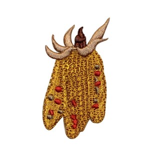 May include: A gold embroidered patch of a corn cob with brown husks and red kernels.