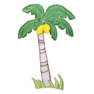May include: Embroidered green palm tree with a yellow coconut and a white trunk. The palm tree is surrounded by green grass.