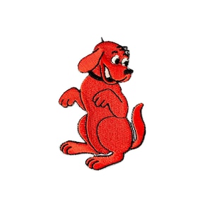 May include: Embroidered patch featuring a smiling, bright red cartoon dog with a black collar. The dog is in a playful pose, with its front paws raised and tail curved. The patch is likely for clothing or accessories.