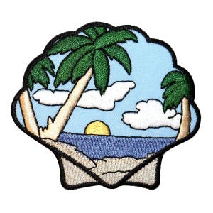 May include: An embroidered patch depicting a seashell with a beach scene inside. The scene includes two palm trees, a blue ocean, a sandy beach, and a yellow sun.