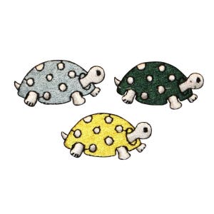 May include: Three embroidered iron-on patches of turtles with white polka dots. The turtles are in blue, green, and yellow.