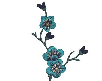 ID 9204 Teal Cherry Blossom Branch Patch Flower Embroidered Iron On Applique