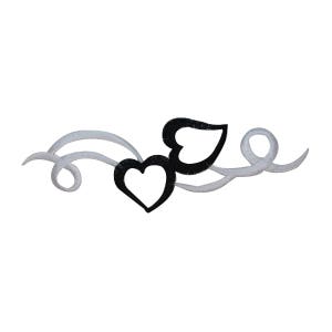 May include: Black and white embroidery design featuring two hearts and a decorative swirl. The hearts are outlined in black and the swirl is in white.