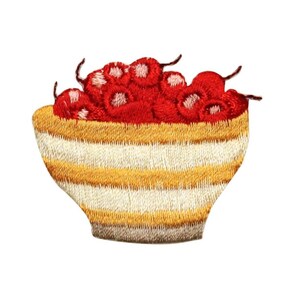 May include: Embroidered patch featuring a bowl of red cherries with green stems. The bowl has a striped design in shades of yellow and white. The patch is likely for clothing or accessories.