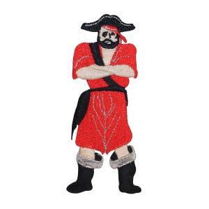 May include: Embroidered iron-on patch of a red-clad pirate with a black hat and beard, arms crossed, standing with legs apart.