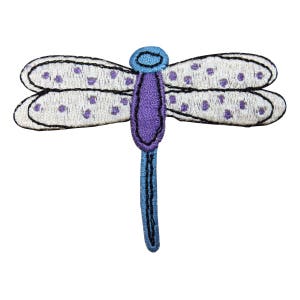 May include: A white embroidered dragonfly with purple and blue accents. The dragonfly has a spotted pattern on its wings.