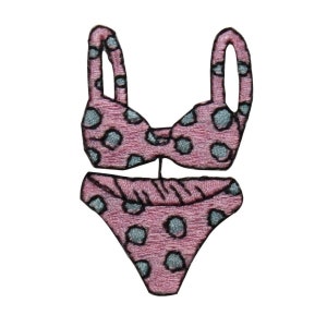 May include: Pink polka dot bikini with black trim. The top has a bow detail and the bottom is a high-waisted style.