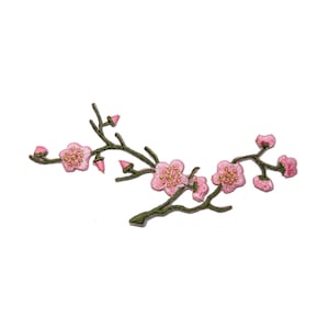May include: A pink and green embroidered patch of a cherry blossom branch with five flowers.