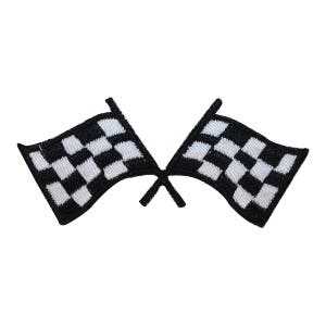 May include: Two black and white checkered racing flags crossed in the middle. The flags are waving in opposite directions.