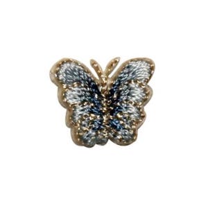 May include: A small, blue and gold embroidered butterfly applique. The butterfly has a detailed design with a shimmery finish.
