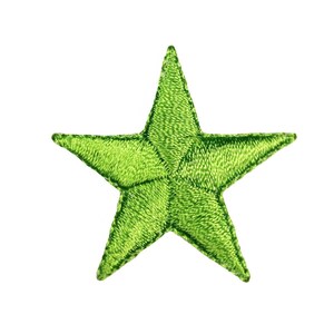 May include: A bright green five-pointed star shaped patch. The star is made of a soft, textured fabric.