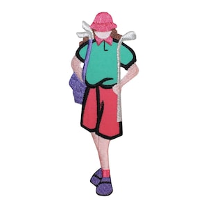 May include: Embroidered patch featuring a cartoon golfer in a pink hat, teal shirt, and red shorts. The golfer carries golf clubs and a purple bag. The design has black outlines and is set against a white background.