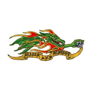 May include: Green dragon with red flames flying with a yellow banner that reads "Search and Destroy".