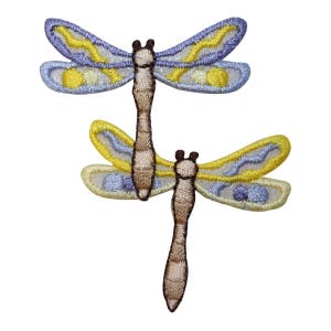 May include: Two embroidered dragonfly patches, one with blue and yellow wings and the other with yellow and white wings.
