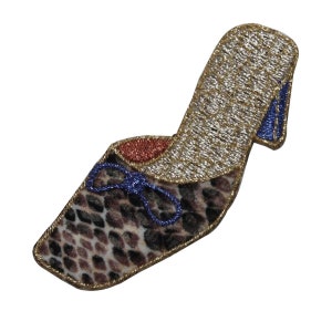 May include: Embroidered iron-on patch of a high-heeled shoe with a leopard print design, blue bow, and gold accents.