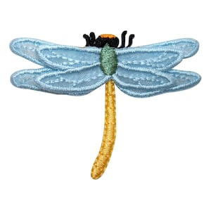 May include: A light blue embroidered dragonfly with a yellow tail and black and green head.